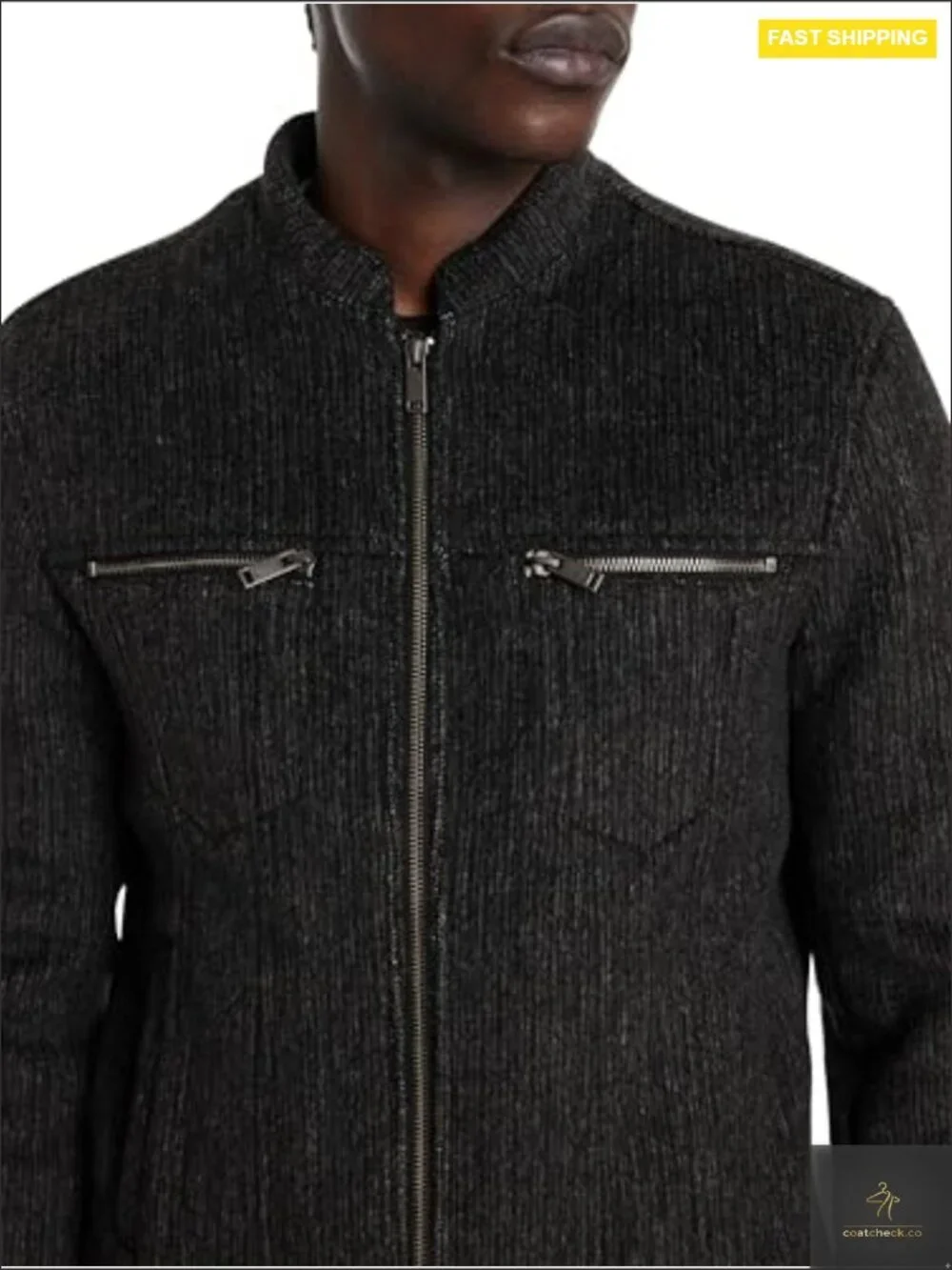 Men's Band Collar Jacket Wool Blend Aviator Silhouette Fitted Zip Front Fall